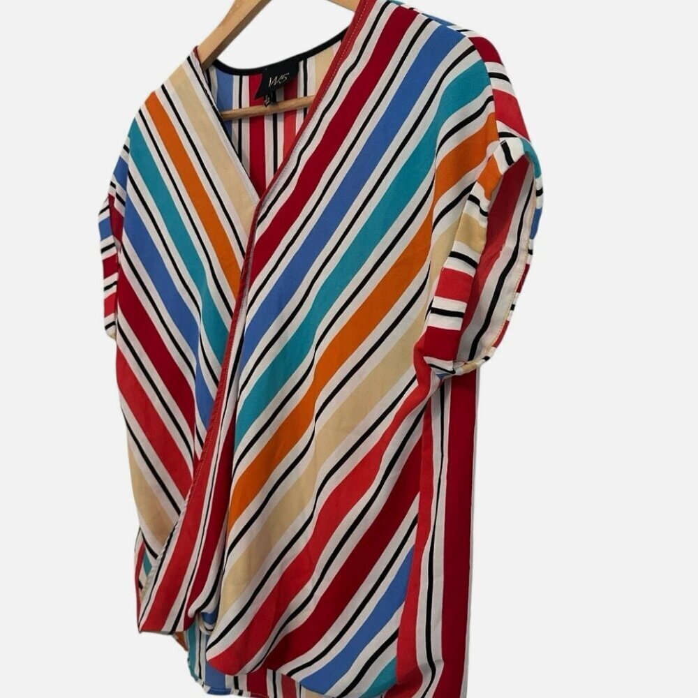 Womens Small Colorful Striped Rainbow Cap Sleeve Faux Wrap Rolled Hem Casual Top - Picture 2 of 4